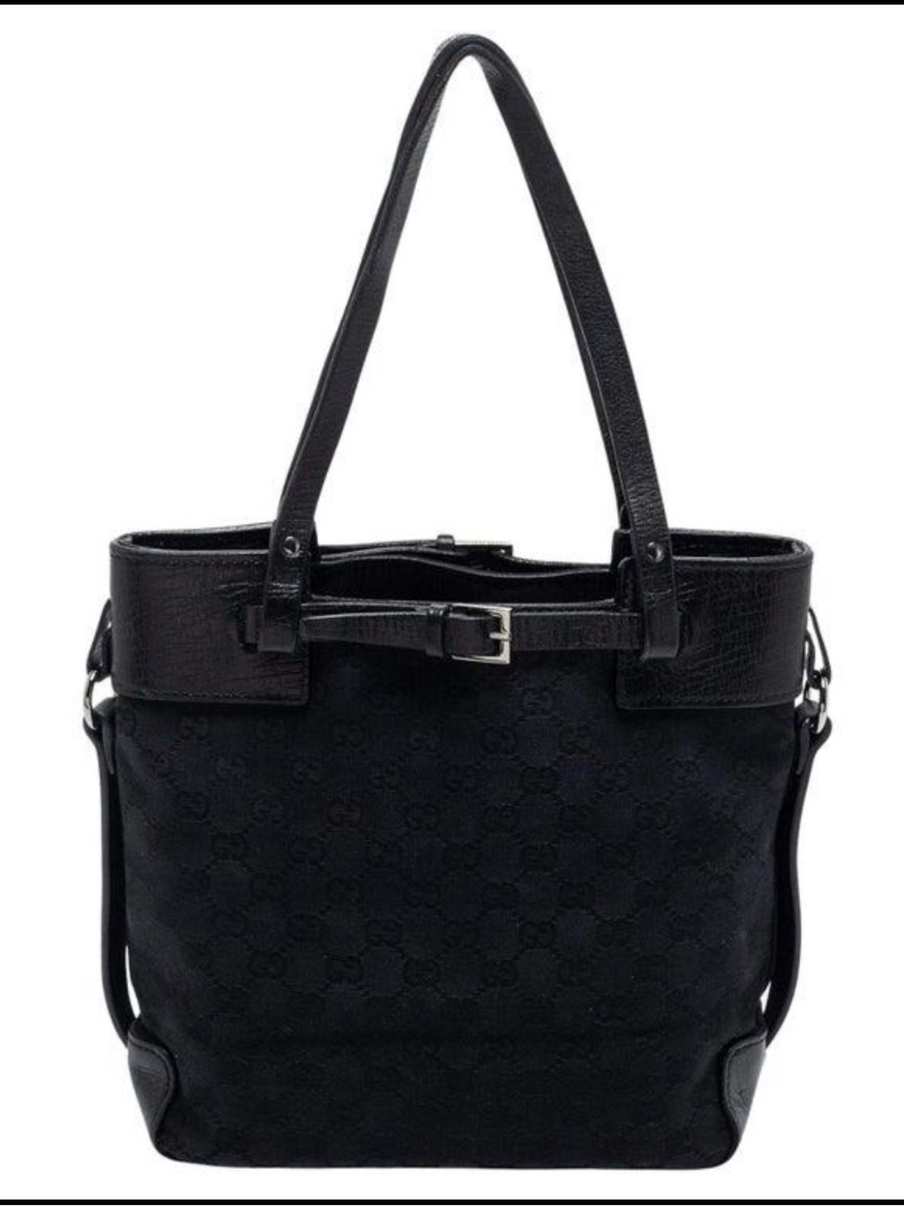 Authentic Gucci GG Canvas Black Leather Tote Bag with Shoulder Strap